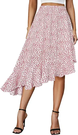 Afibi Women's Boho Floral High Waisted High Low Asymmetric Hem Midi Long Skirt