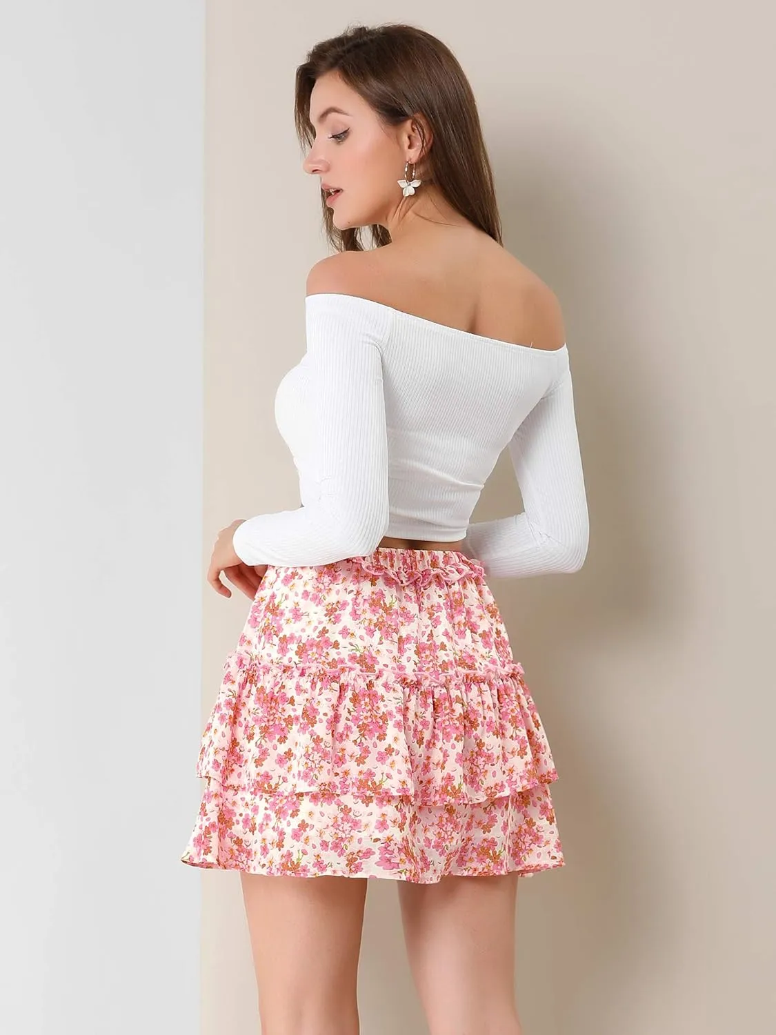 Allegra K Women's Layered Ruffle Hem Elastic Waist A-Line Skater Floral Mini Skirt