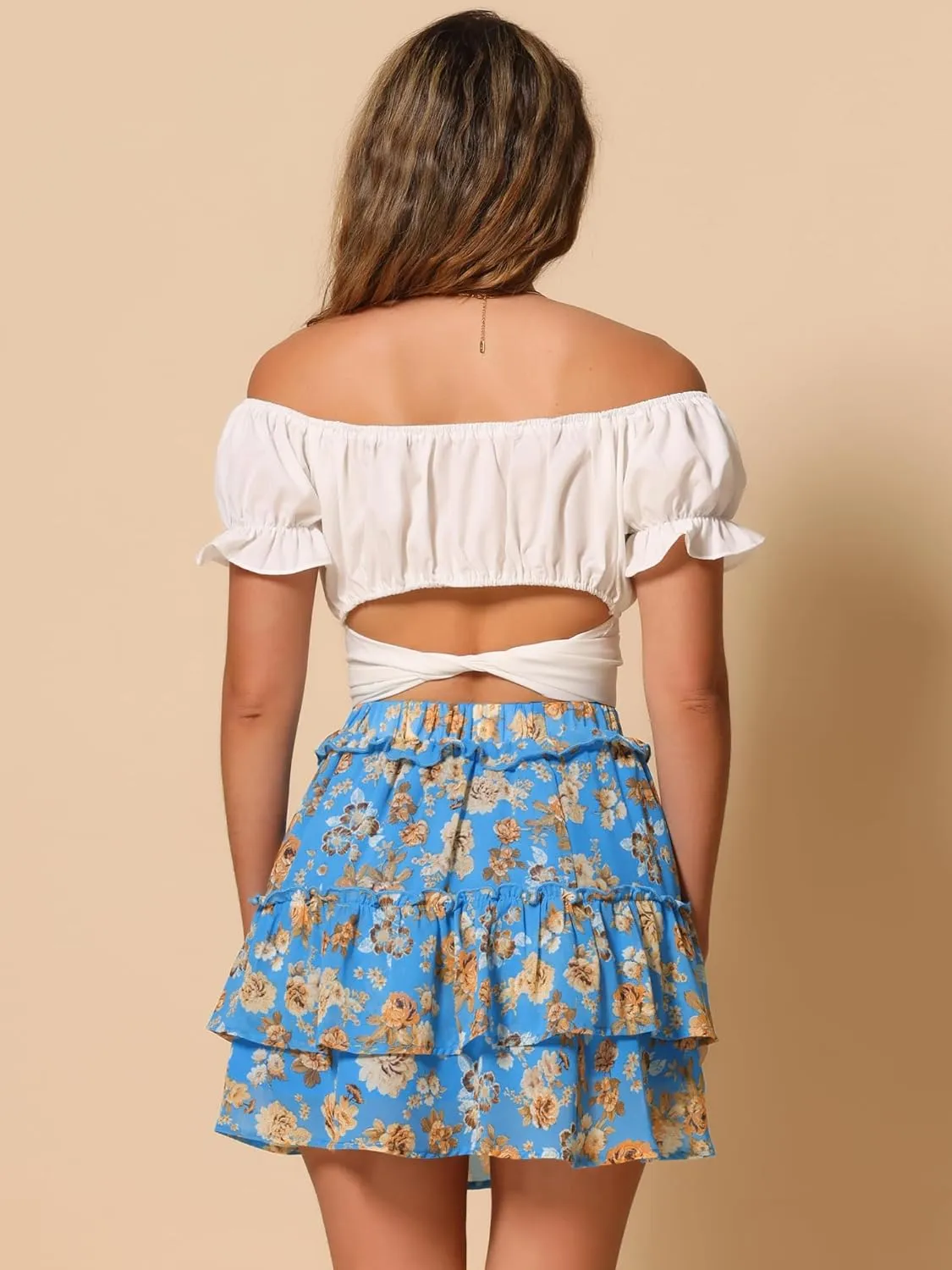 Allegra K Women's Layered Ruffle Hem Elastic Waist A-Line Skater Floral Mini Skirt