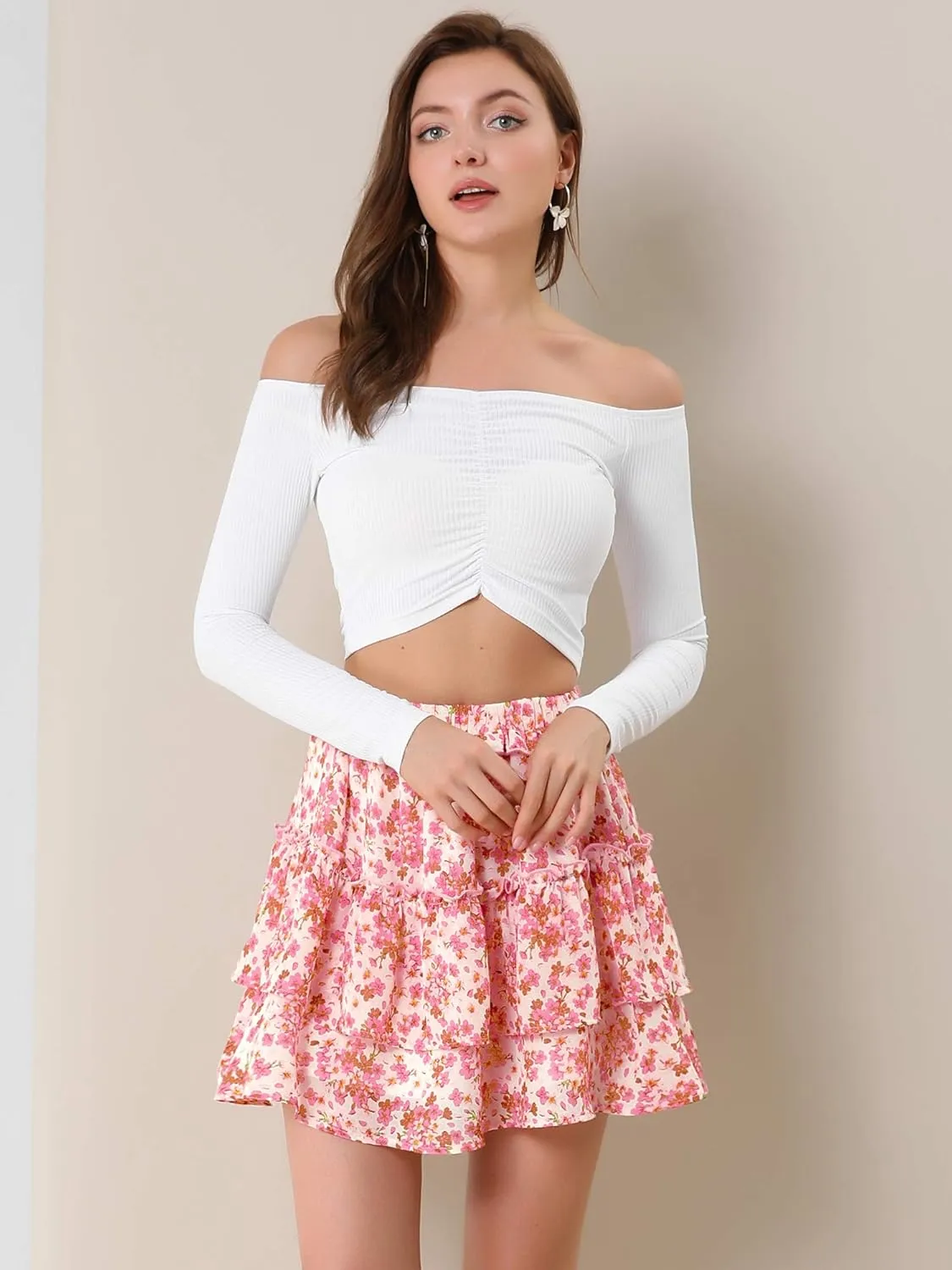 Allegra K Women's Layered Ruffle Hem Elastic Waist A-Line Skater Floral Mini Skirt