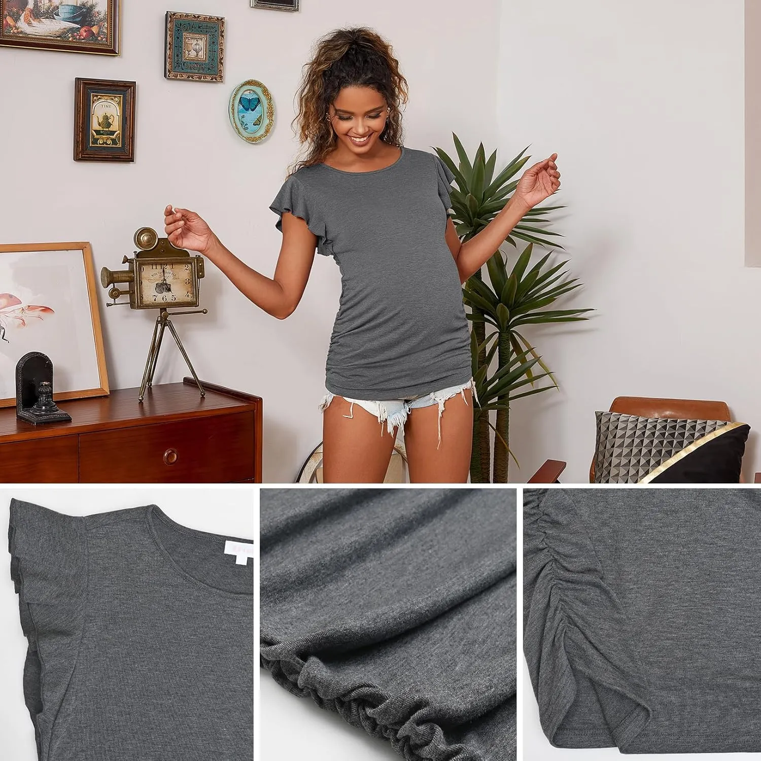 Bhome Maternity Tops Flying Shorts Sleeve Tshirt Side Ruched Pregnant Blouse Casual Pregnancy Tunic