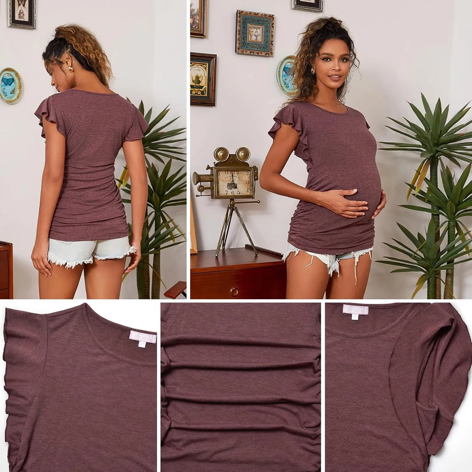 Bhome Maternity Tops Flying Shorts Sleeve Tshirt Side Ruched Pregnant Blouse Casual Pregnancy Tunic