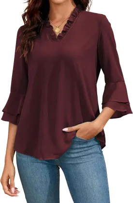 Famulily Womens Tops Casual 3/4 Bell Sleeve Blouses Ruffled V Neck Chiffon Double Layered Work Tunic Shirts