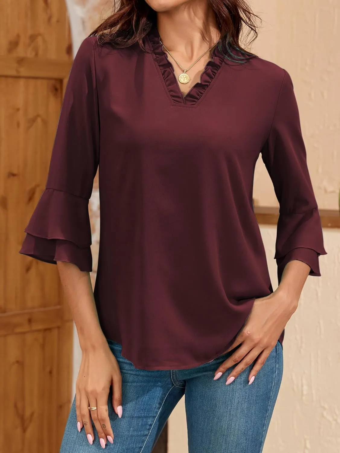 Famulily Womens Tops Casual 3/4 Bell Sleeve Blouses Ruffled V Neck Chiffon Double Layered Work Tunic Shirts