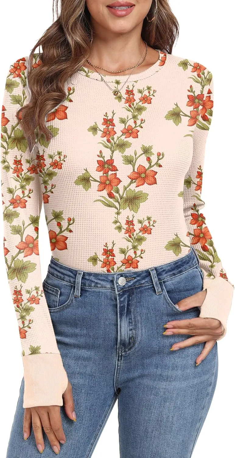 GRECERELLE Waffle Knit Long Sleeve Shirts for Women Crew Neck Slim Fitted Going Out Tops Y2k Outfits