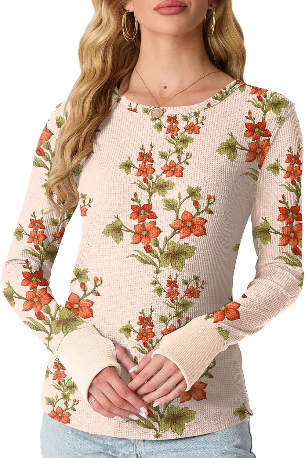 GRECERELLE Waffle Knit Long Sleeve Shirts for Women Crew Neck Slim Fitted Going Out Tops Y2k Outfits