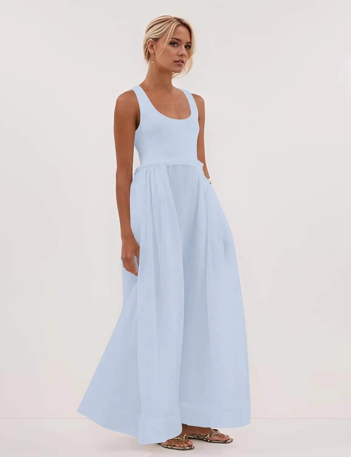 Livtany Women's Sleeveless Scoop Neck Ribbed Knit Midi Dress Raw Edge Sleeveless Patchwork Dress Flowy Sundress Side Pocket