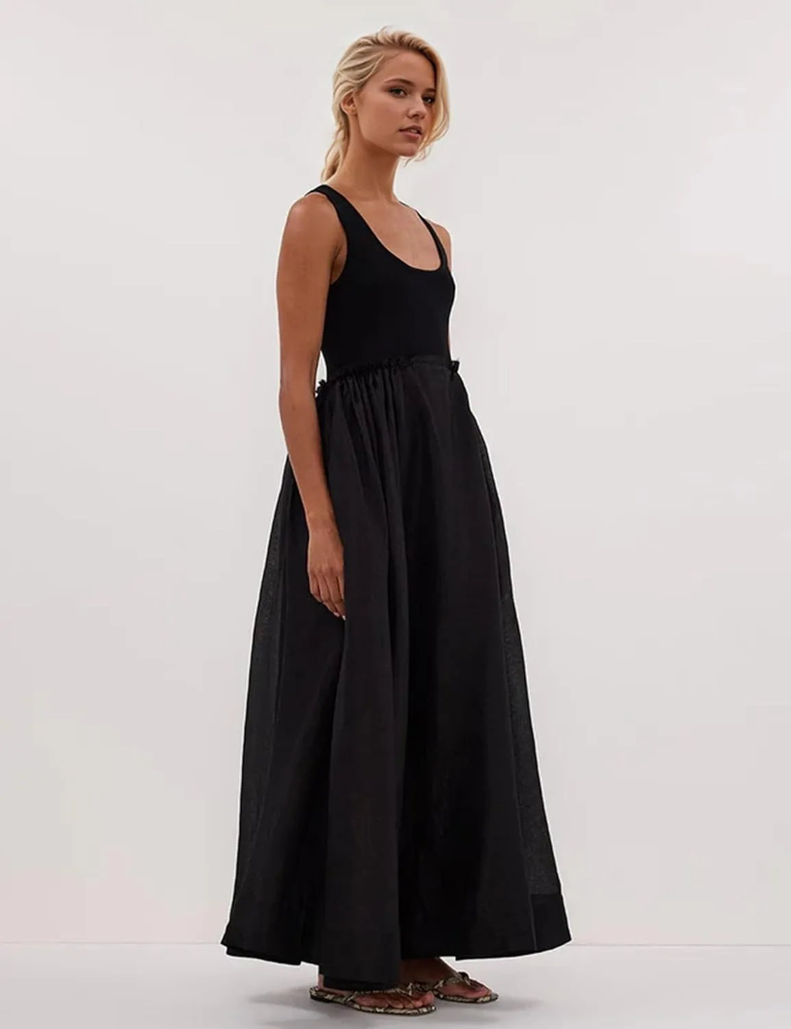 Livtany Women's Sleeveless Scoop Neck Ribbed Knit Midi Dress Raw Edge Sleeveless Patchwork Dress Flowy Sundress Side Pocket