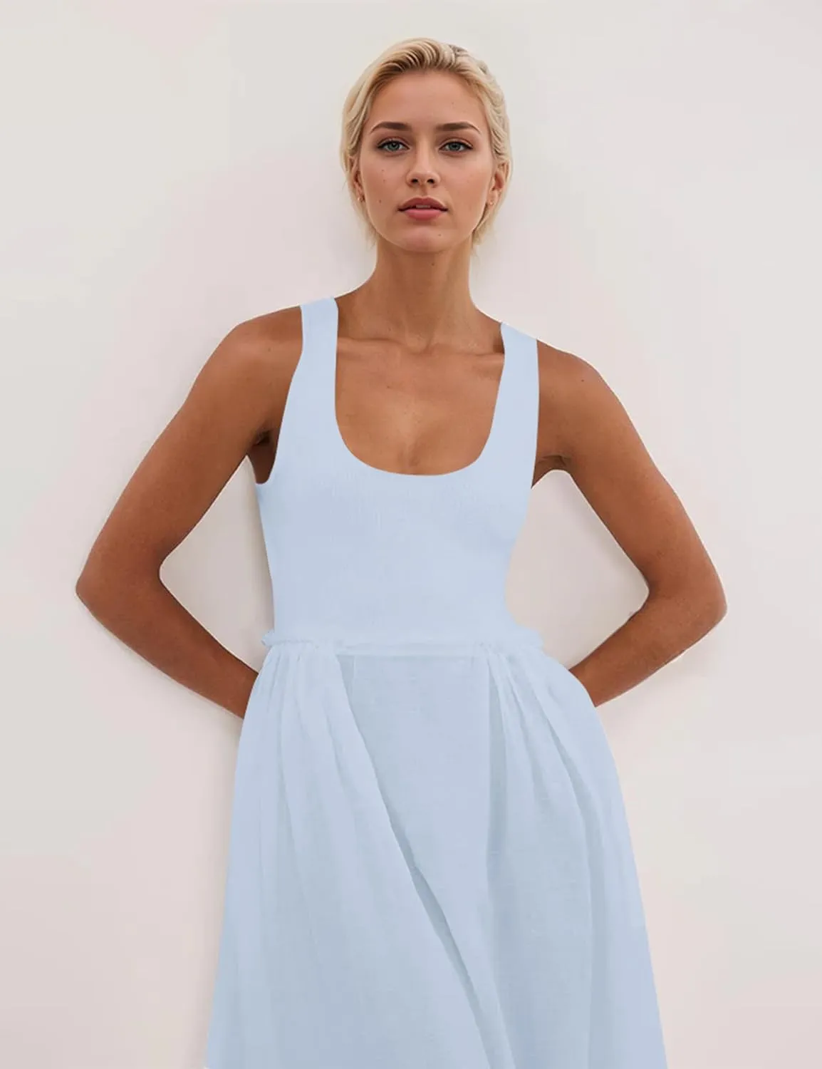 Livtany Women's Sleeveless Scoop Neck Ribbed Knit Midi Dress Raw Edge Sleeveless Patchwork Dress Flowy Sundress Side Pocket