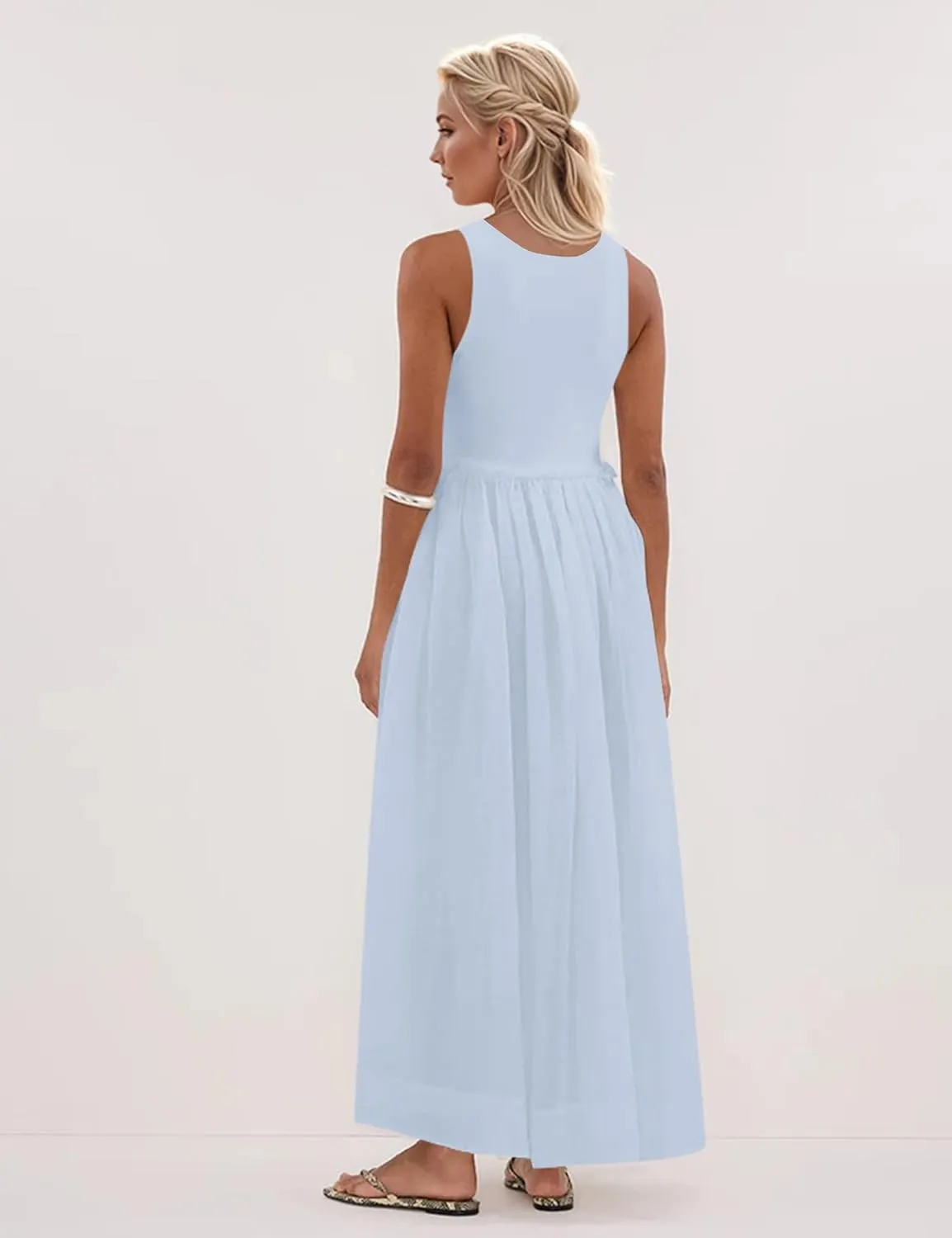 Livtany Women's Sleeveless Scoop Neck Ribbed Knit Midi Dress Raw Edge Sleeveless Patchwork Dress Flowy Sundress Side Pocket
