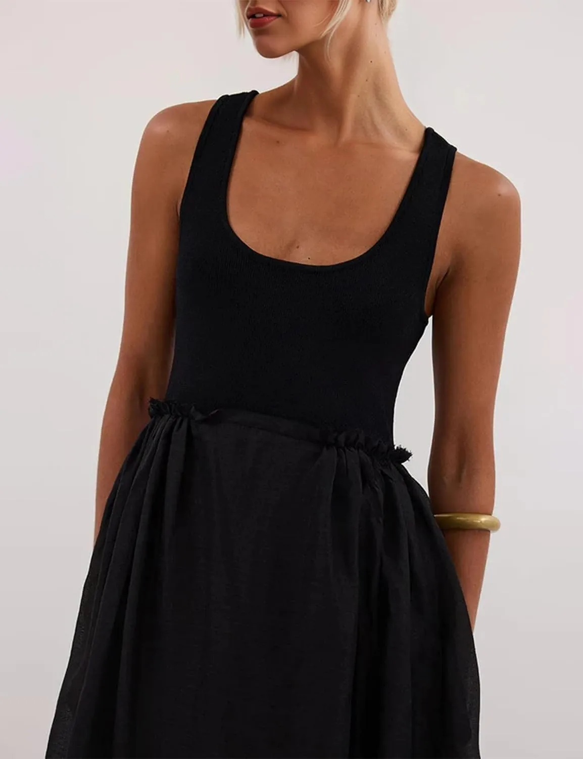 Livtany Women's Sleeveless Scoop Neck Ribbed Knit Midi Dress Raw Edge Sleeveless Patchwork Dress Flowy Sundress Side Pocket