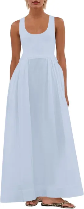 Livtany Women's Sleeveless Scoop Neck Ribbed Knit Midi Dress Raw Edge Sleeveless Patchwork Dress Flowy Sundress Side Pocket