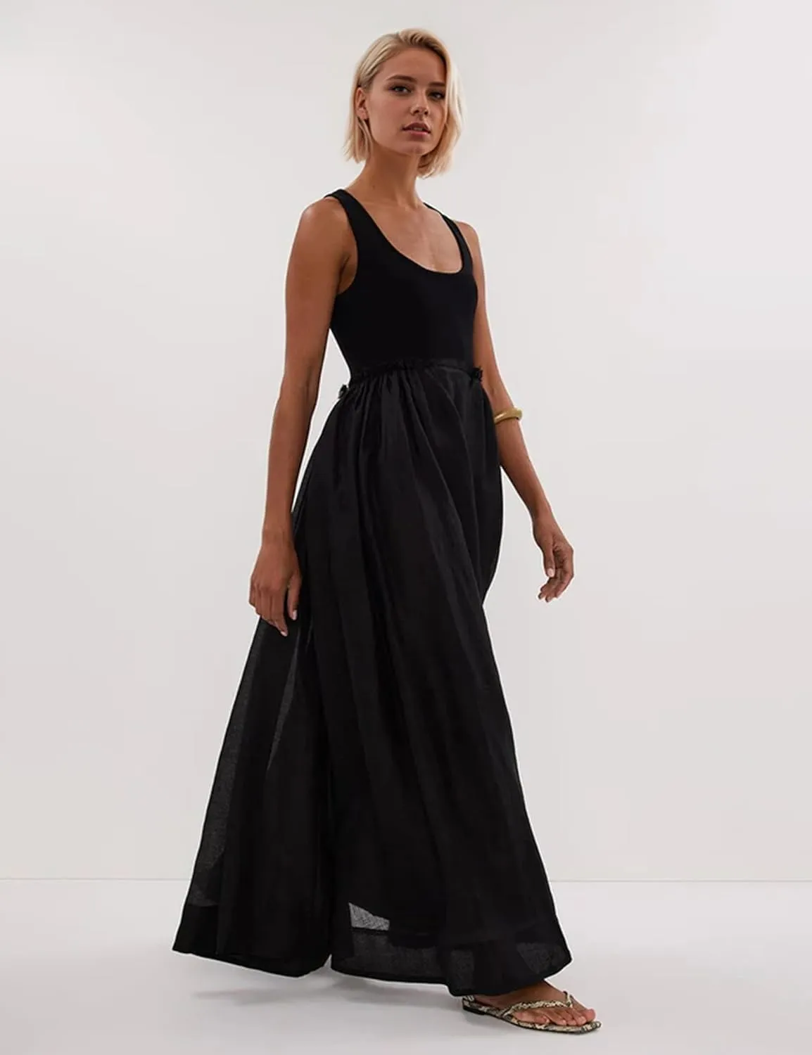 Livtany Women's Sleeveless Scoop Neck Ribbed Knit Midi Dress Raw Edge Sleeveless Patchwork Dress Flowy Sundress Side Pocket