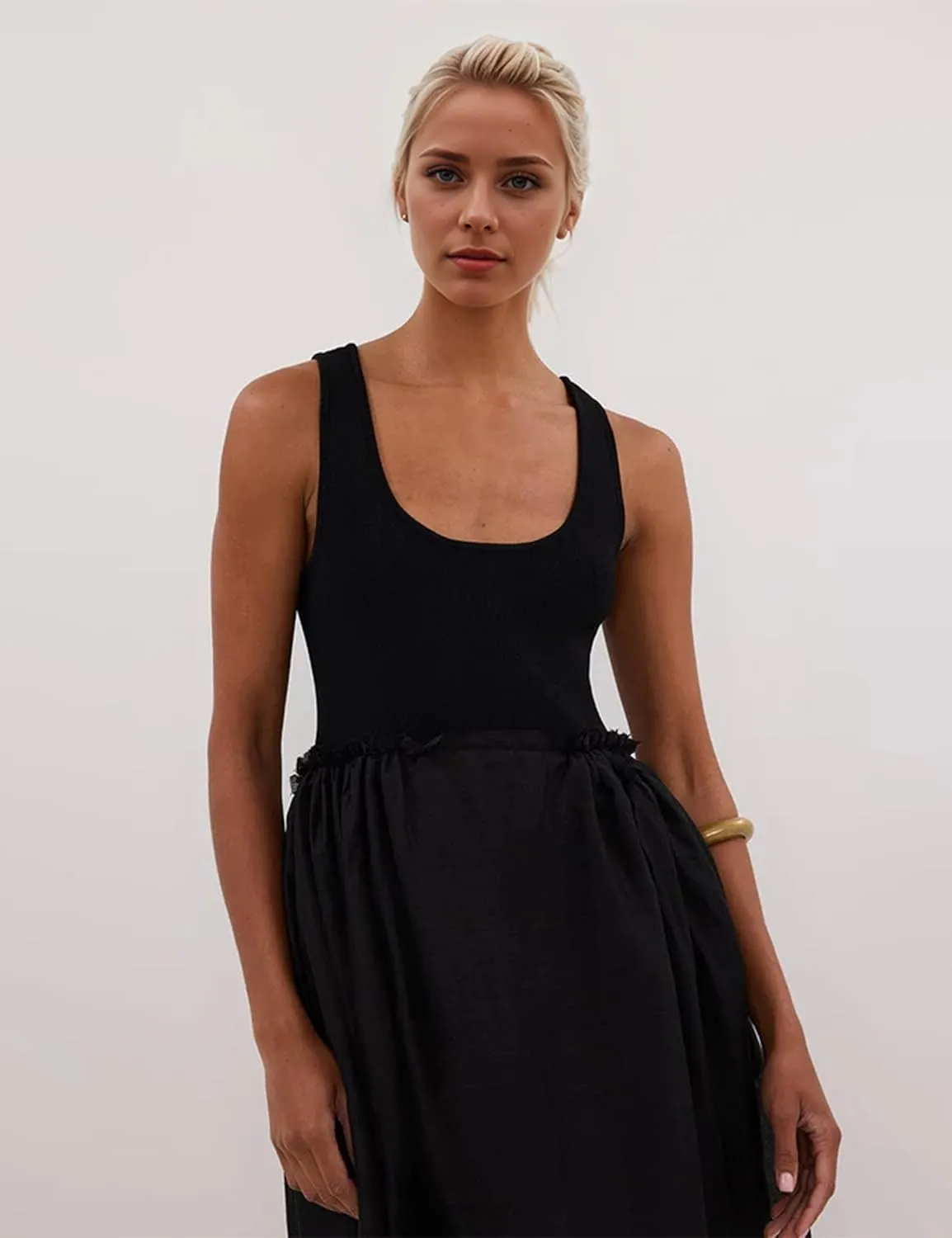 Livtany Women's Sleeveless Scoop Neck Ribbed Knit Midi Dress Raw Edge Sleeveless Patchwork Dress Flowy Sundress Side Pocket