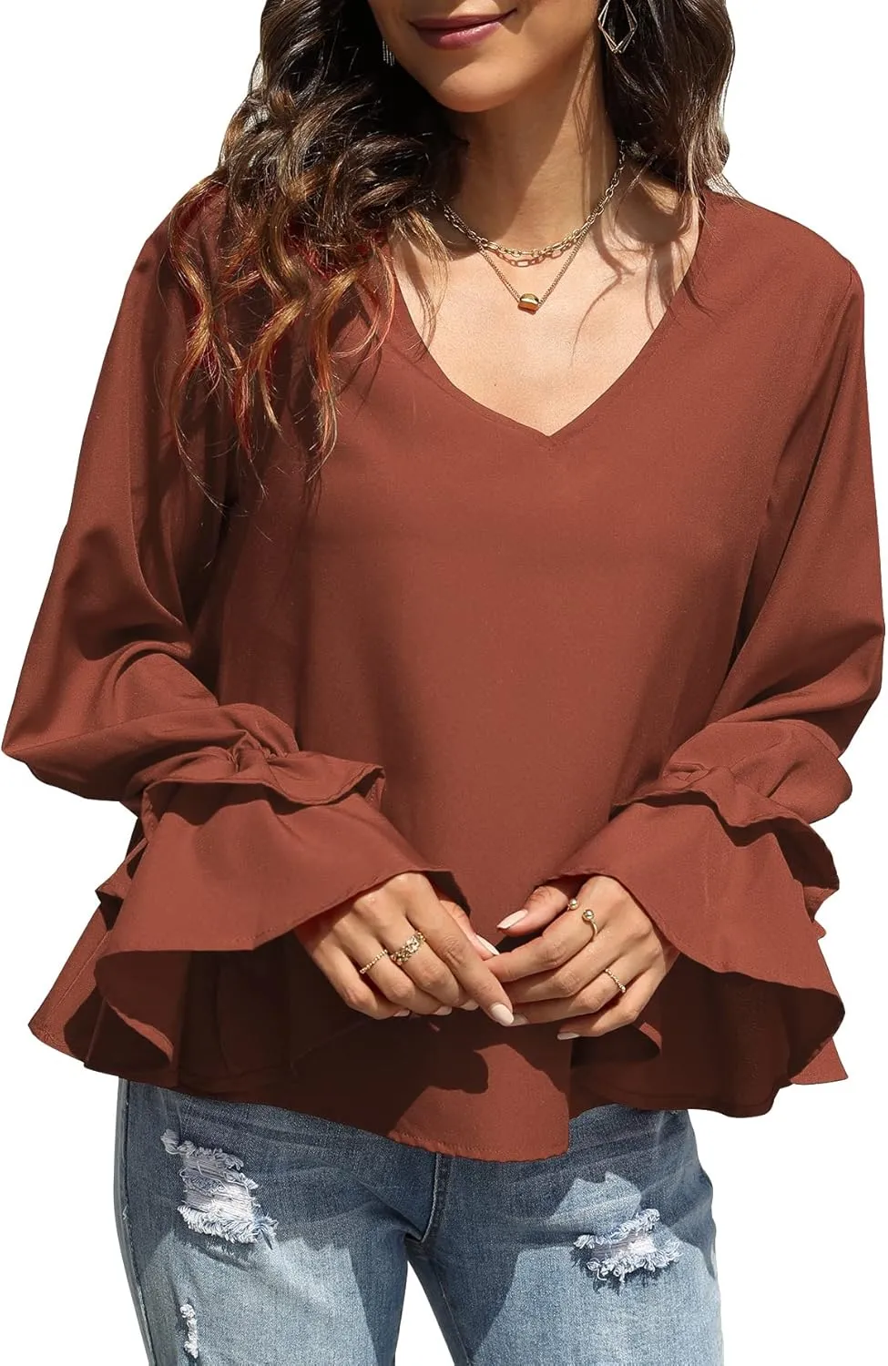 LYANER Women's Casual V Neck Tiered Ruffle Bell Long Sleeve Blouse Shirt Tunic Top