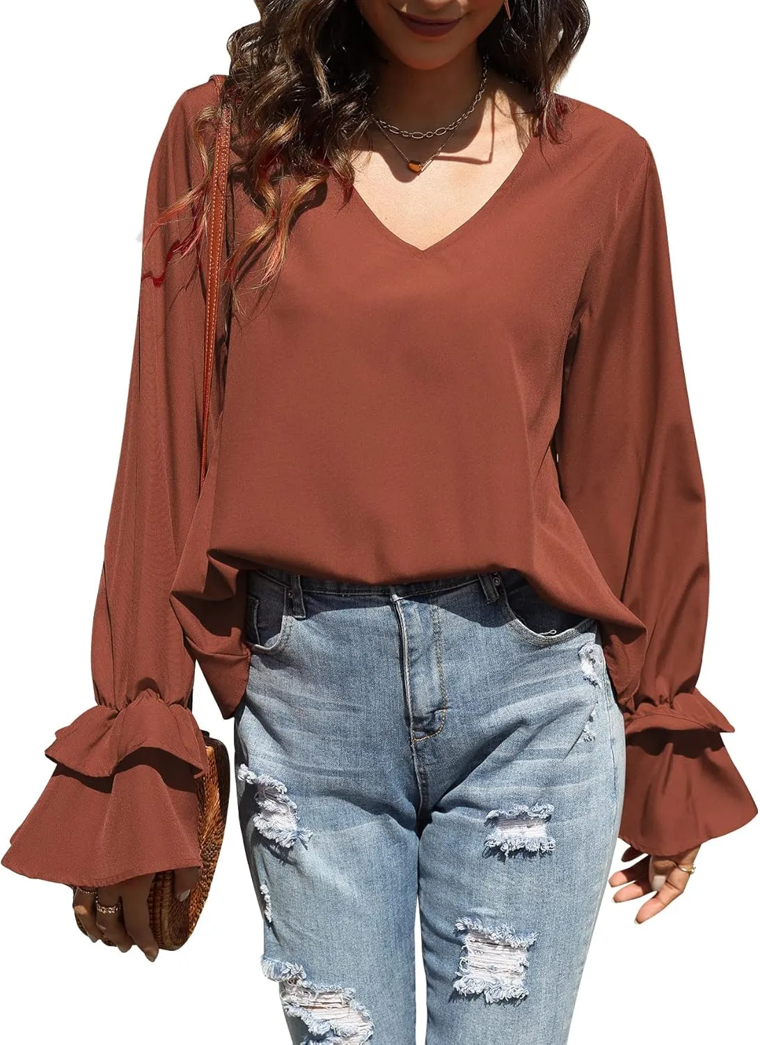LYANER Women's Casual V Neck Tiered Ruffle Bell Long Sleeve Blouse Shirt Tunic Top