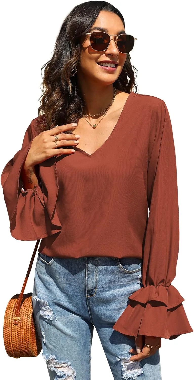 LYANER Women's Casual V Neck Tiered Ruffle Bell Long Sleeve Blouse Shirt Tunic Top