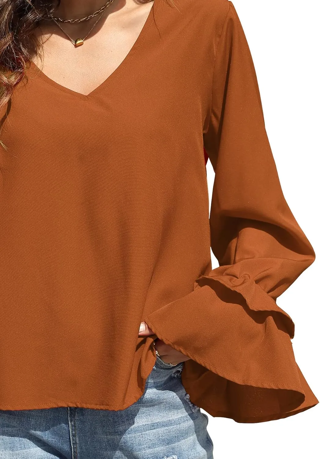 LYANER Women's Casual V Neck Tiered Ruffle Bell Long Sleeve Blouse Shirt Tunic Top