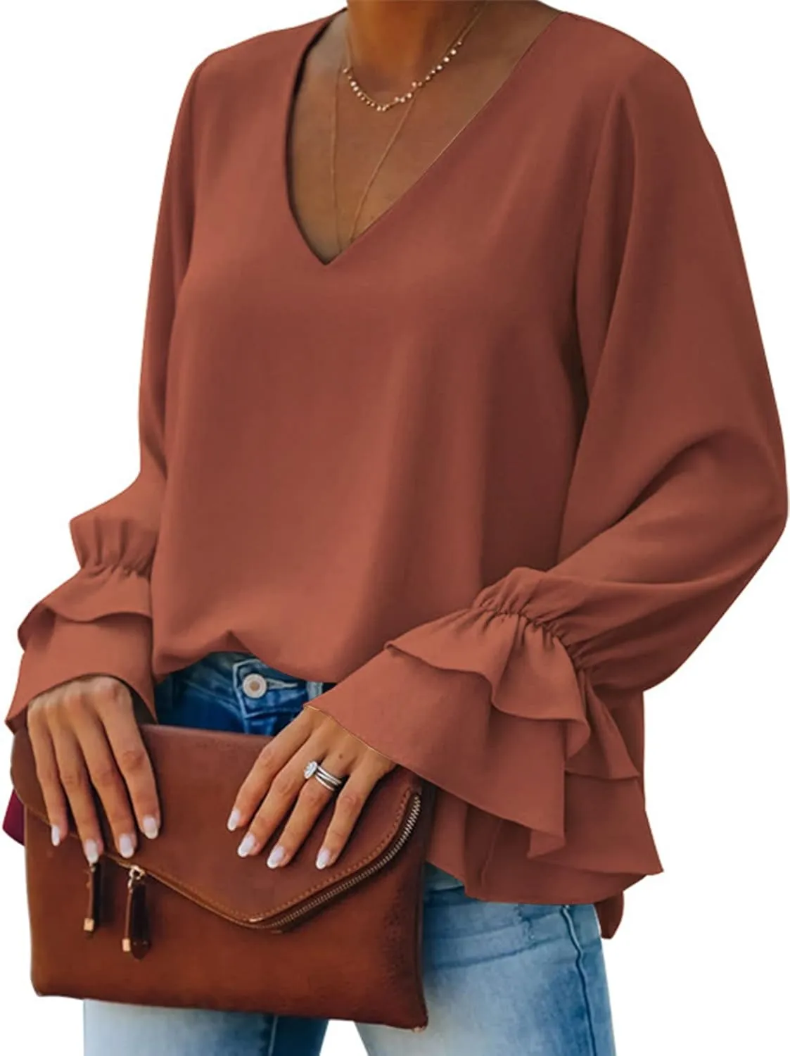 LYANER Women's Casual V Neck Tiered Ruffle Bell Long Sleeve Blouse Shirt Tunic Top