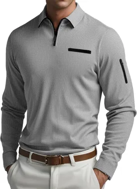 Men's Long Sleeve Polo Shirts Quarter Zip Up Pullover Slim Fit Casual Stylish Golf Collar Shirt for Men with Pocket