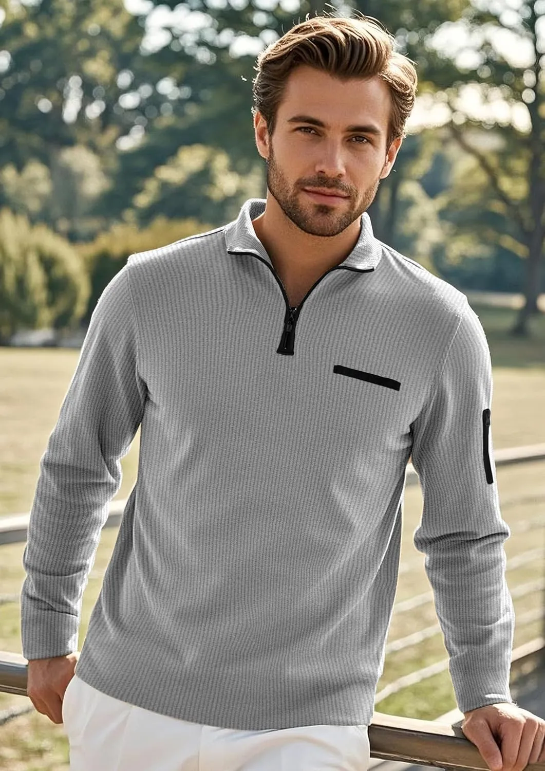 Men's Long Sleeve Polo Shirts Quarter Zip Up Pullover Slim Fit Casual Stylish Golf Collar Shirt for Men with Pocket