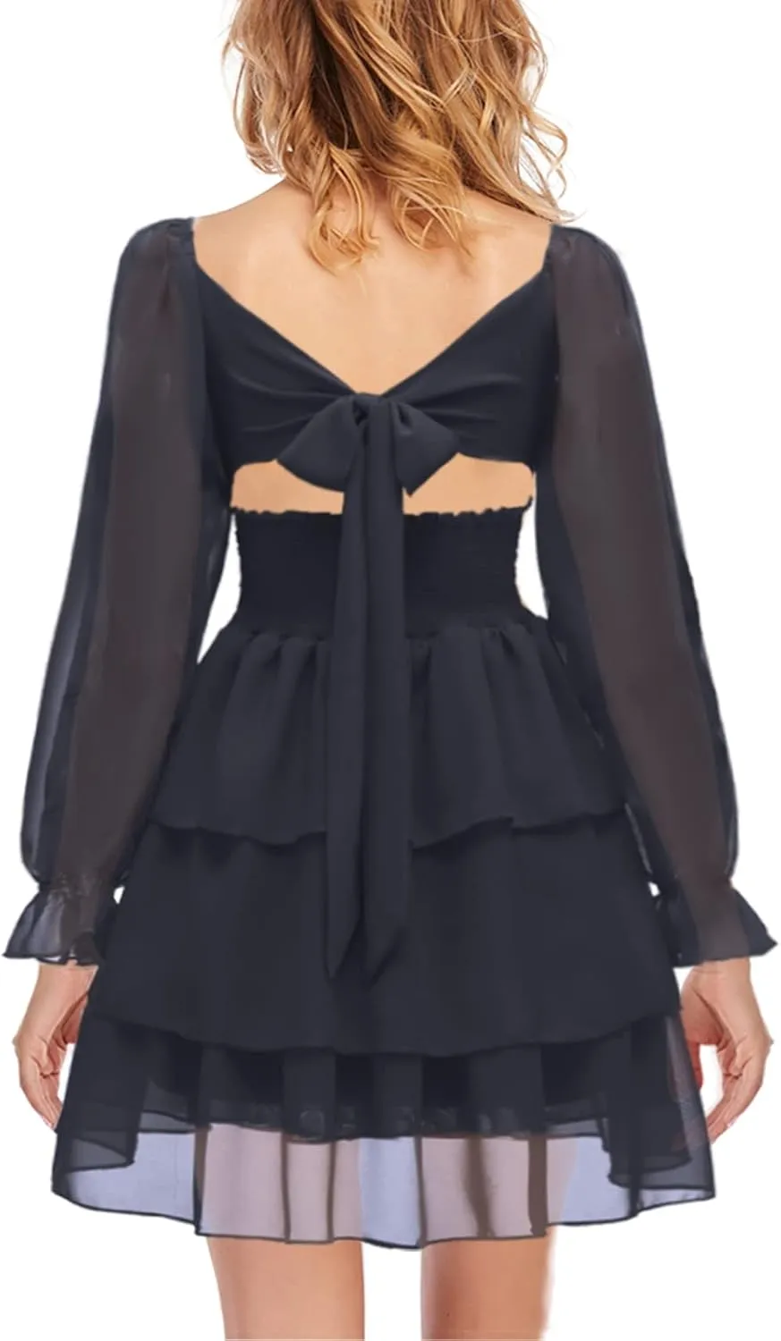 OBBUE Women's Summer Dress Tie Back Square Neck Aline Long Sleeve Layered Swing Mini Dresses