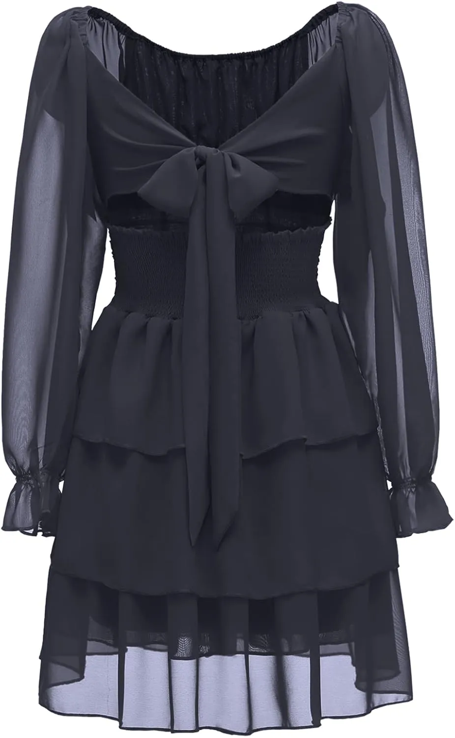 OBBUE Women's Summer Dress Tie Back Square Neck Aline Long Sleeve Layered Swing Mini Dresses