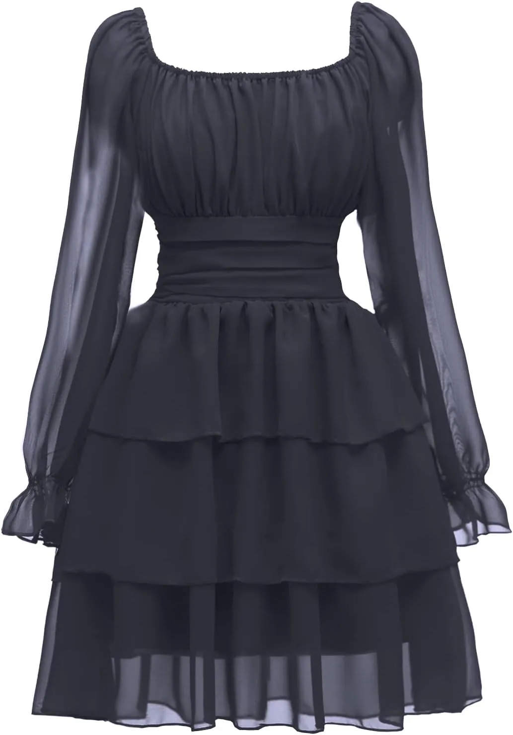 OBBUE Women's Summer Dress Tie Back Square Neck Aline Long Sleeve Layered Swing Mini Dresses