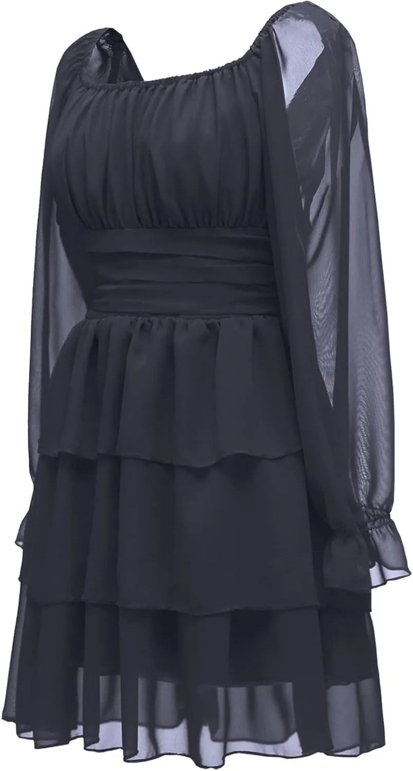 OBBUE Women's Summer Dress Tie Back Square Neck Aline Long Sleeve Layered Swing Mini Dresses