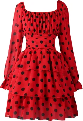 OBBUE Women's Summer Dress Tie Back Square Neck Aline Long Sleeve Layered Swing Mini Dresses