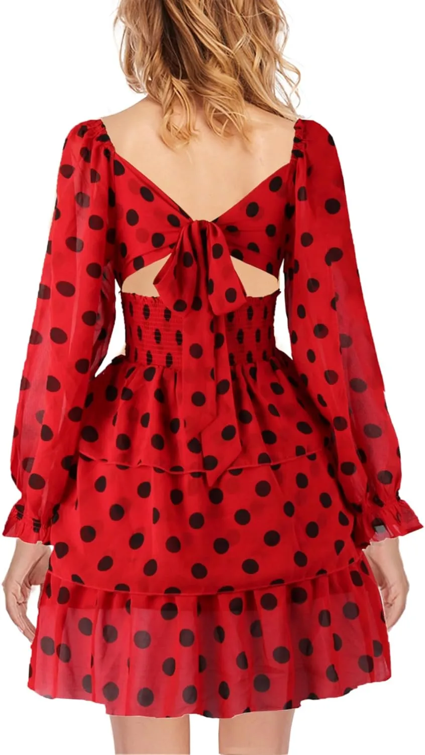 OBBUE Women's Summer Dress Tie Back Square Neck Aline Long Sleeve Layered Swing Mini Dresses