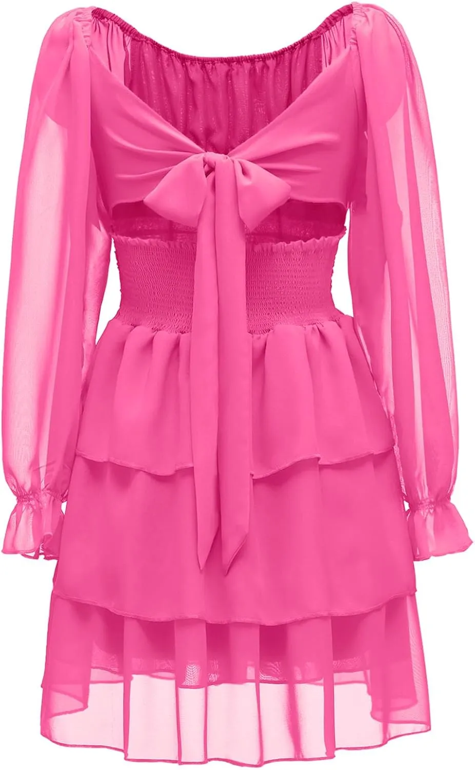 OBBUE Women's Summer Dress Tie Back Square Neck Aline Long Sleeve Layered Swing Mini Dresses