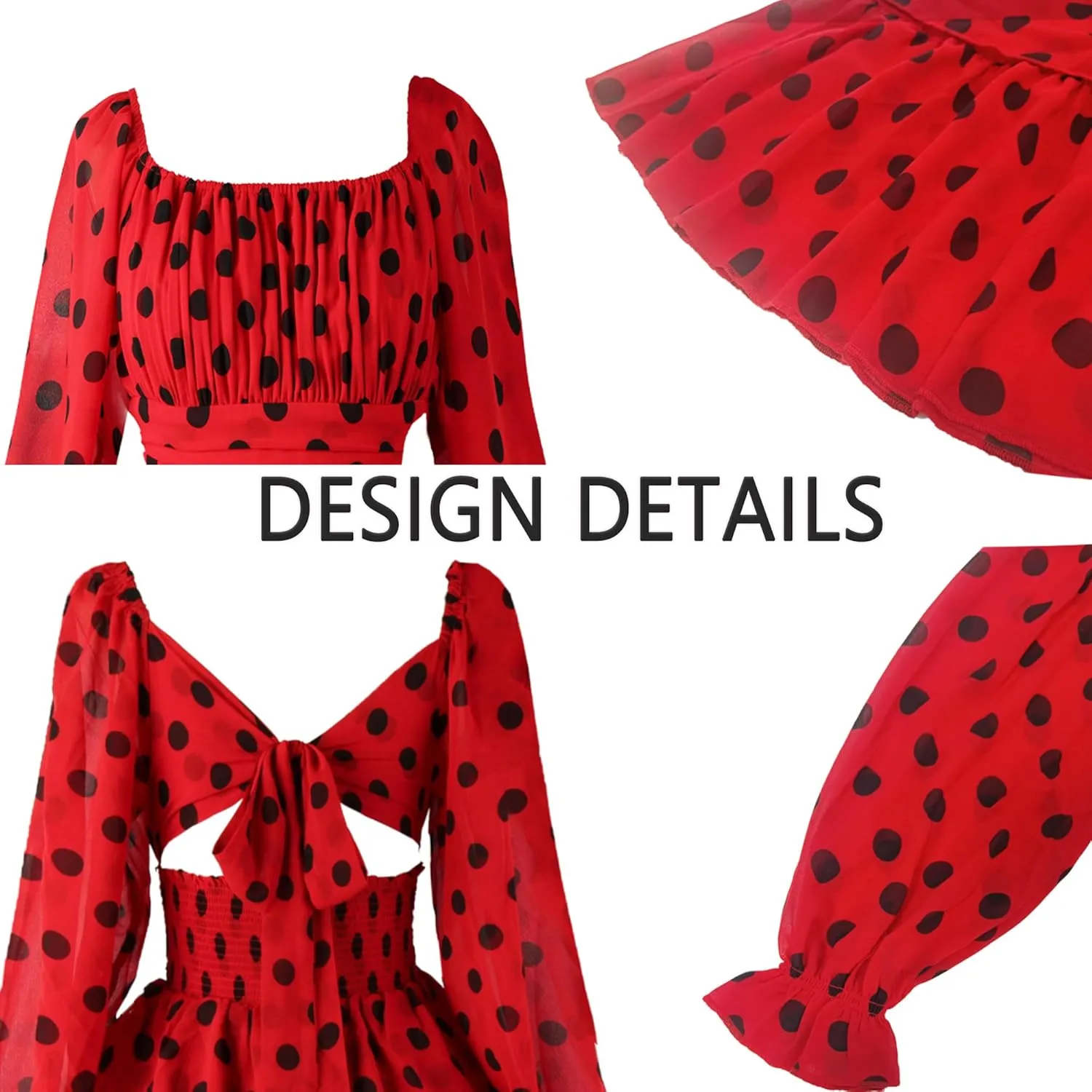 OBBUE Women's Summer Dress Tie Back Square Neck Aline Long Sleeve Layered Swing Mini Dresses