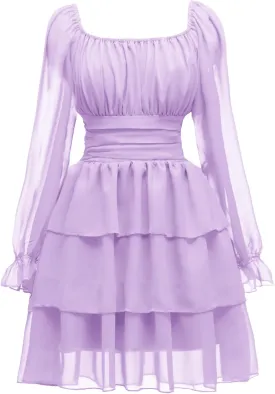 OBBUE Women's Summer Dress Tie Back Square Neck Aline Long Sleeve Layered Swing Mini Dresses