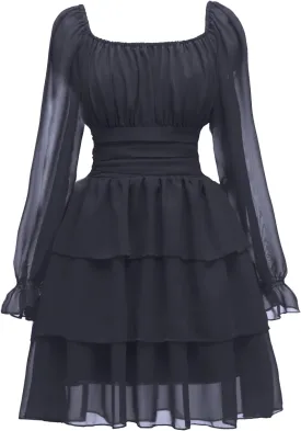 OBBUE Women's Summer Dress Tie Back Square Neck Aline Long Sleeve Layered Swing Mini Dresses
