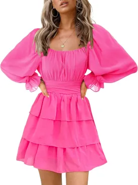 OBBUE Women's Summer Dress Tie Back Square Neck Aline Long Sleeve Layered Swing Mini Dresses