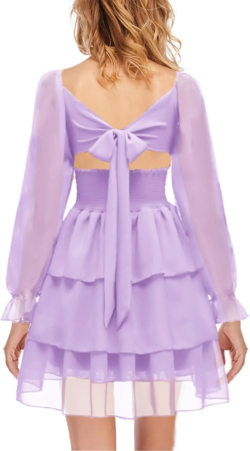 OBBUE Women's Summer Dress Tie Back Square Neck Aline Long Sleeve Layered Swing Mini Dresses