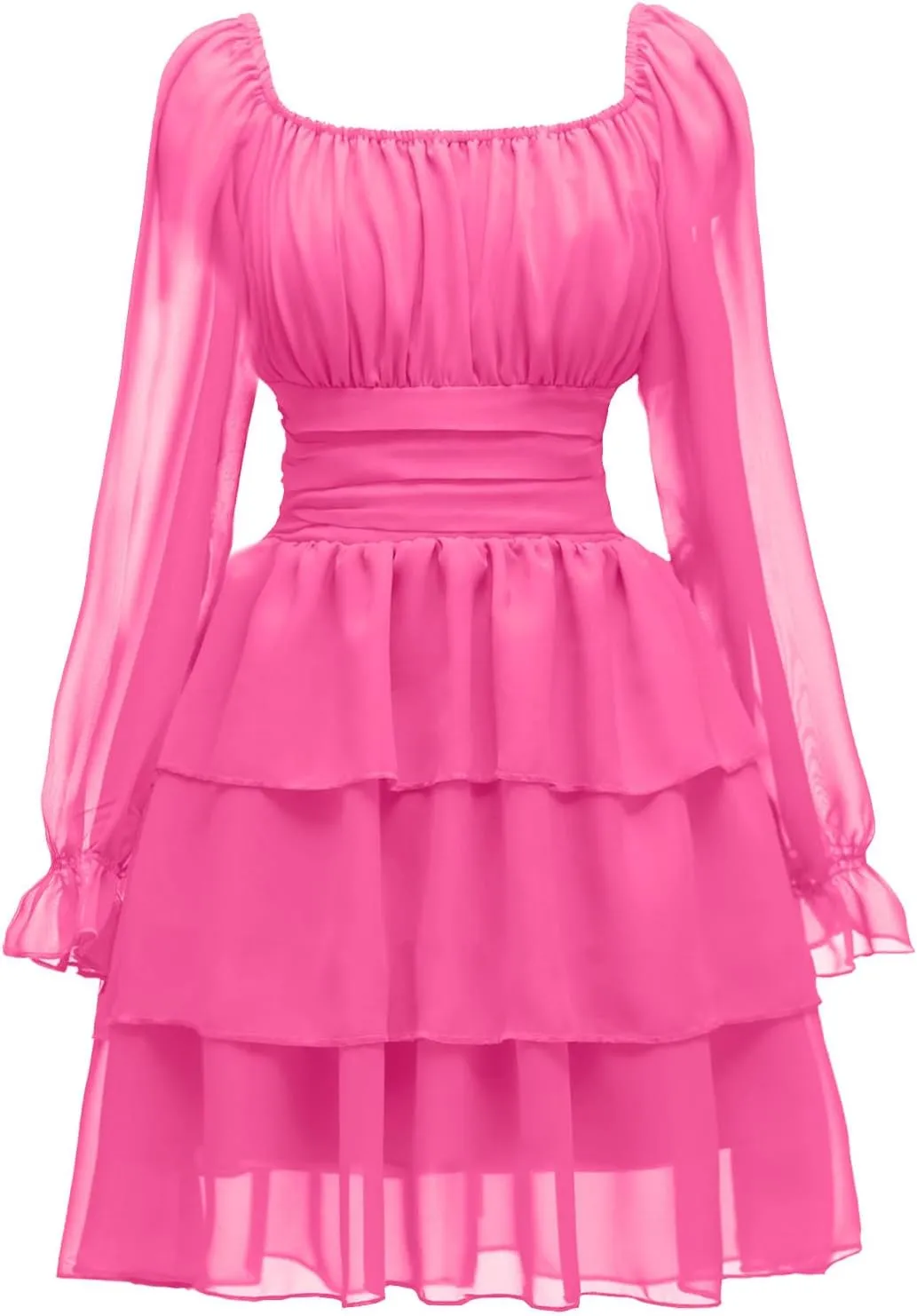 OBBUE Women's Summer Dress Tie Back Square Neck Aline Long Sleeve Layered Swing Mini Dresses