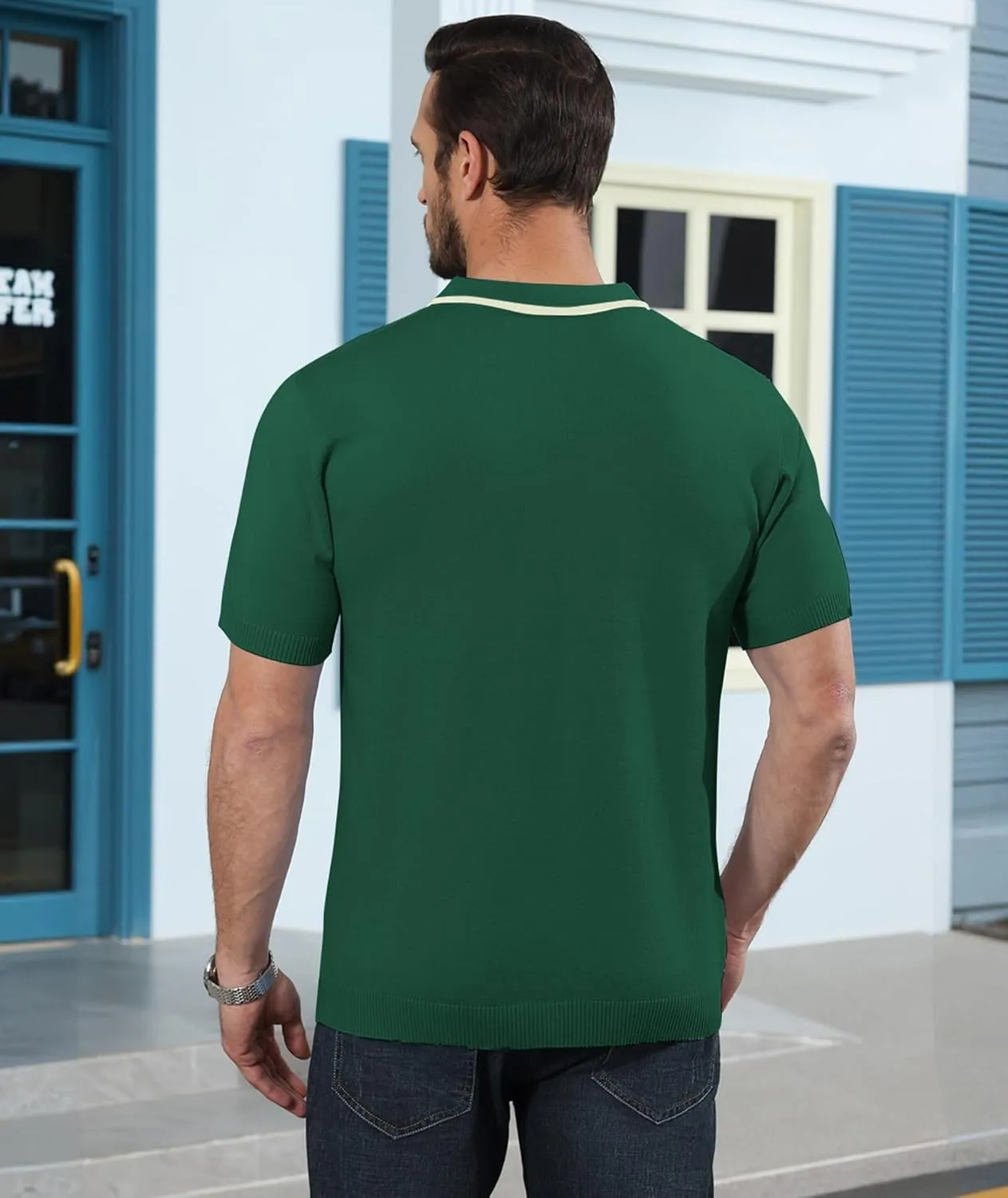 Ryehack Mens Casual Polo Shirts Knit Short Sleeve Vintage Striped Button T-Shirt Slim Fit Golf Vacation Shirt