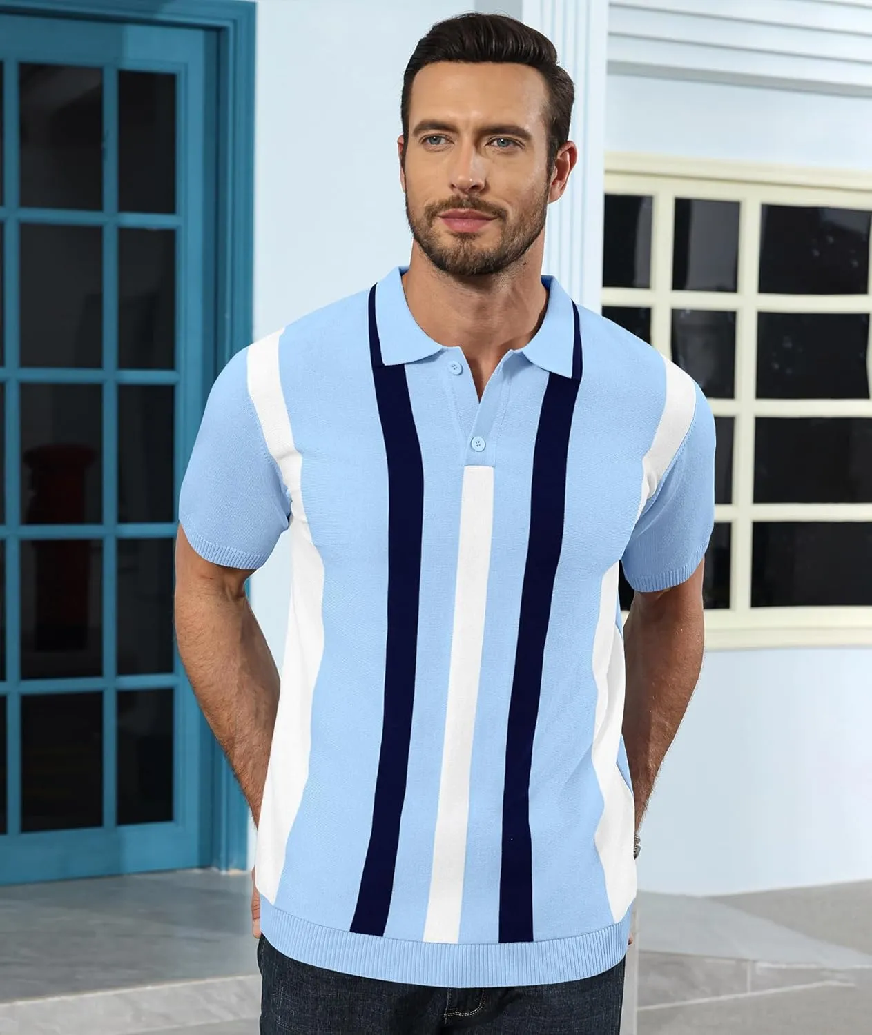 Ryehack Mens Casual Polo Shirts Knit Short Sleeve Vintage Striped Button T-Shirt Slim Fit Golf Vacation Shirt