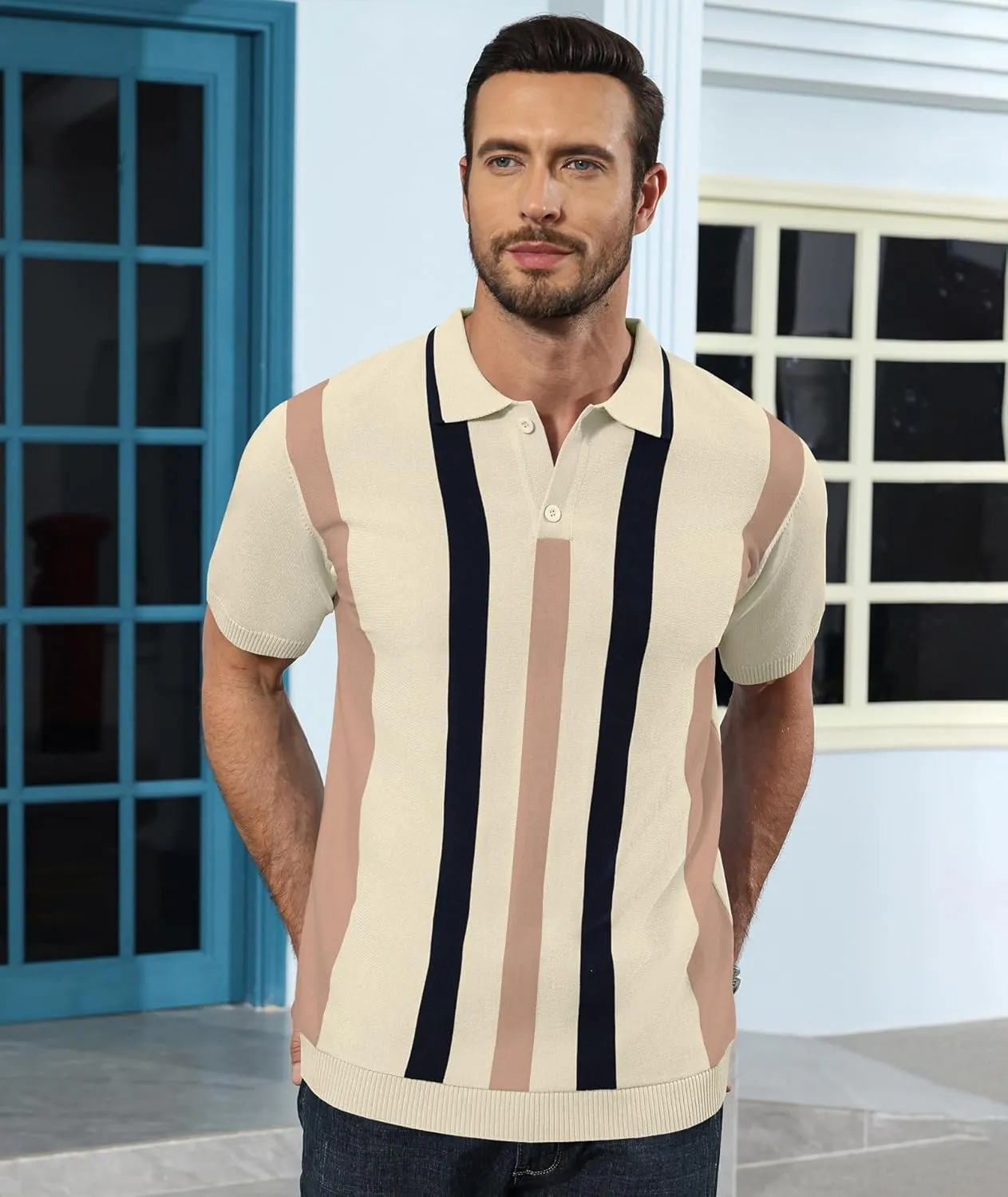 Ryehack Mens Casual Polo Shirts Knit Short Sleeve Vintage Striped Button T-Shirt Slim Fit Golf Vacation Shirt