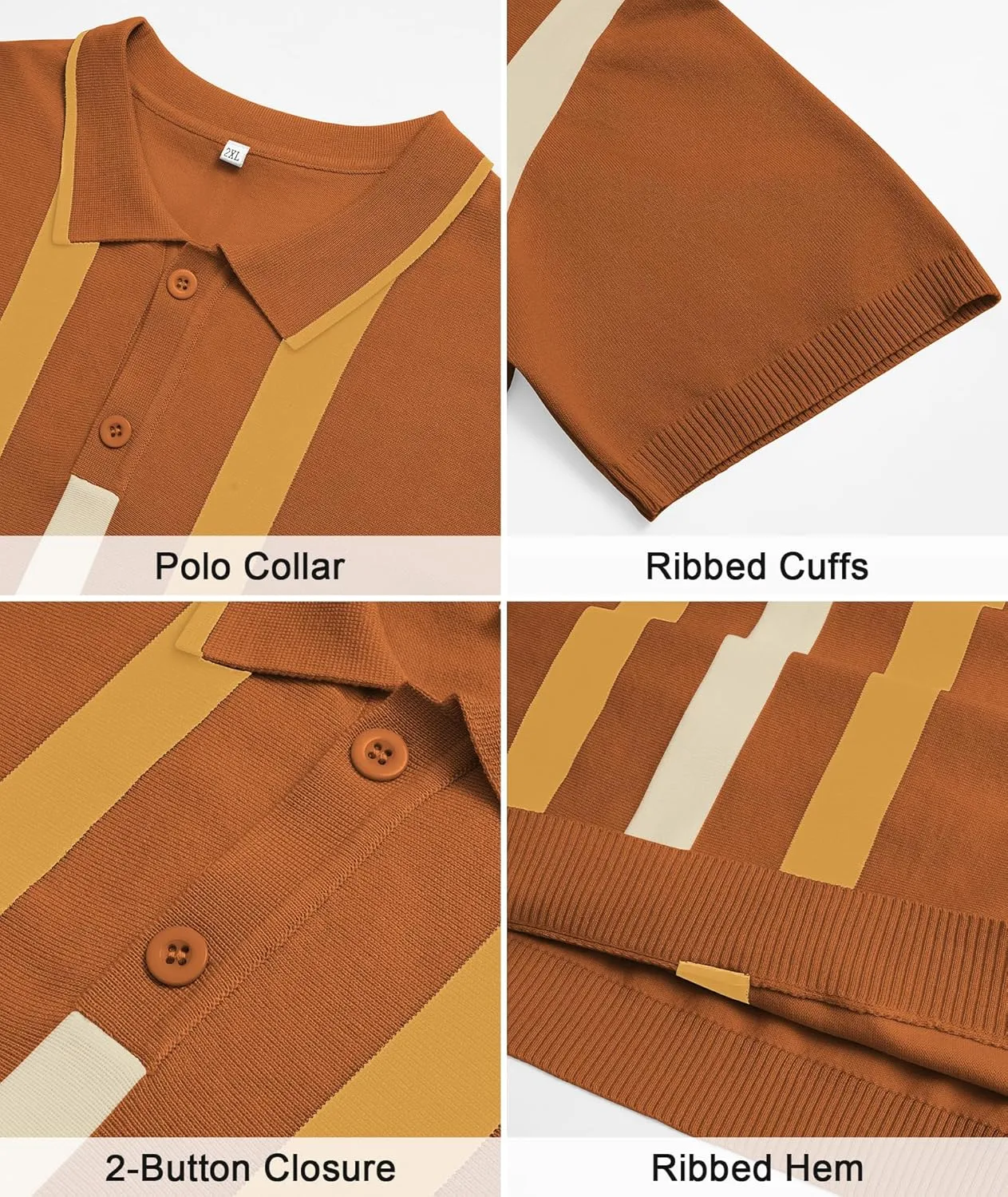 Ryehack Mens Casual Polo Shirts Knit Short Sleeve Vintage Striped Button T-Shirt Slim Fit Golf Vacation Shirt