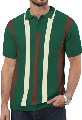 Ryehack Mens Casual Polo Shirts Knit Short Sleeve Vintage Striped Button T-Shirt Slim Fit Golf Vacation Shirt