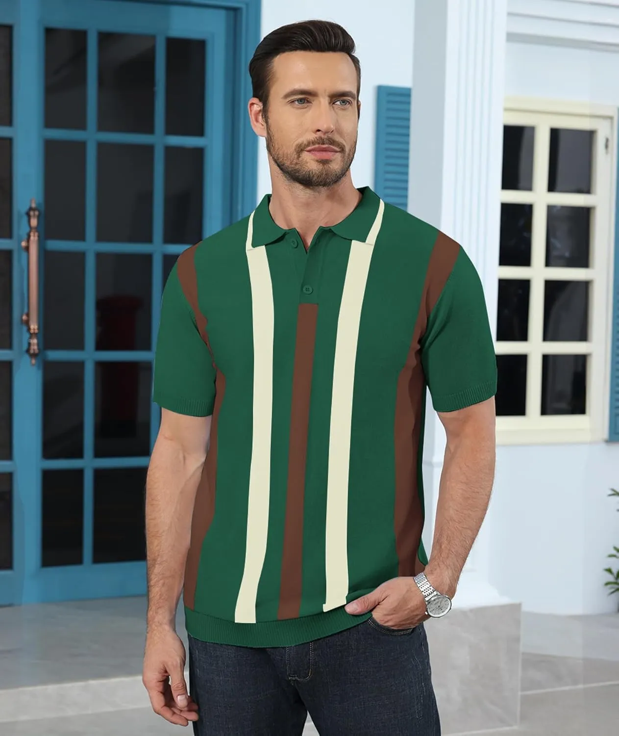 Ryehack Mens Casual Polo Shirts Knit Short Sleeve Vintage Striped Button T-Shirt Slim Fit Golf Vacation Shirt