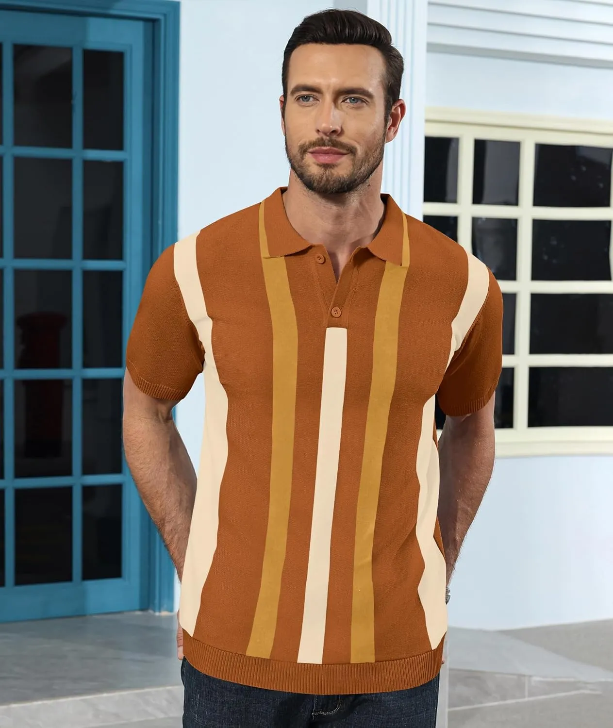 Ryehack Mens Casual Polo Shirts Knit Short Sleeve Vintage Striped Button T-Shirt Slim Fit Golf Vacation Shirt