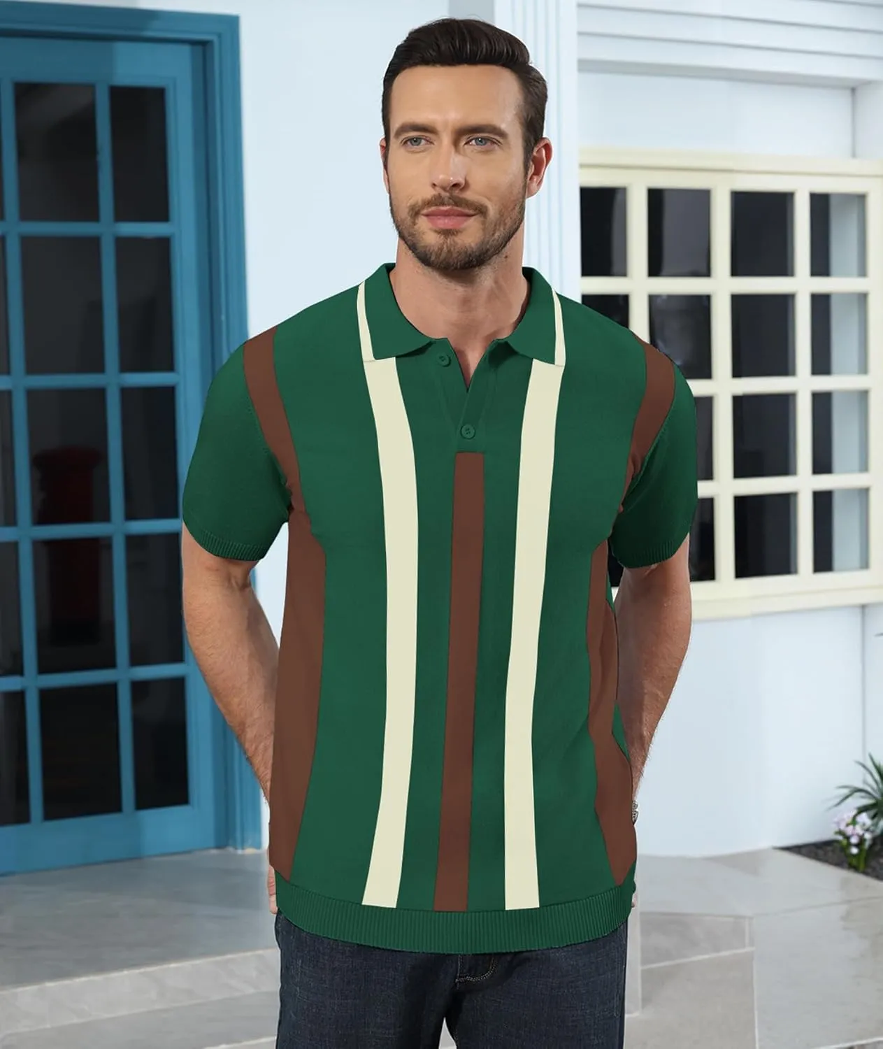 Ryehack Mens Casual Polo Shirts Knit Short Sleeve Vintage Striped Button T-Shirt Slim Fit Golf Vacation Shirt