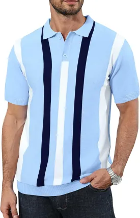 Ryehack Mens Casual Polo Shirts Knit Short Sleeve Vintage Striped Button T-Shirt Slim Fit Golf Vacation Shirt