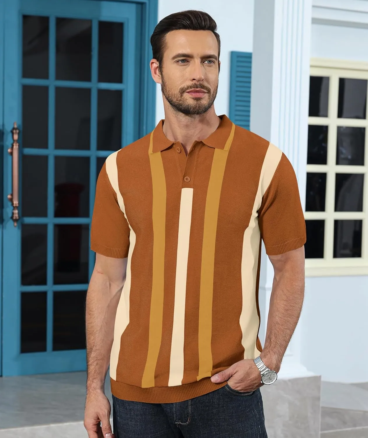Ryehack Mens Casual Polo Shirts Knit Short Sleeve Vintage Striped Button T-Shirt Slim Fit Golf Vacation Shirt