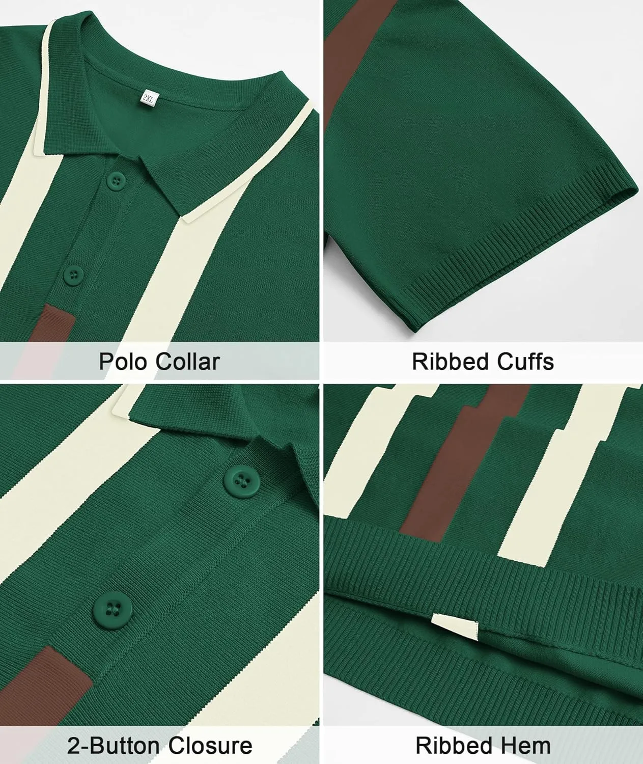 Ryehack Mens Casual Polo Shirts Knit Short Sleeve Vintage Striped Button T-Shirt Slim Fit Golf Vacation Shirt