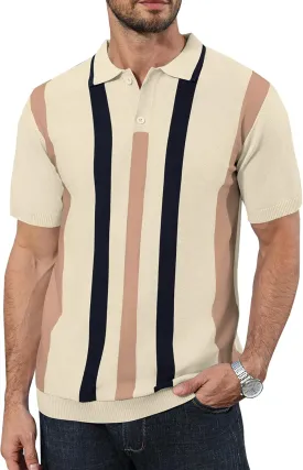 Ryehack Mens Casual Polo Shirts Knit Short Sleeve Vintage Striped Button T-Shirt Slim Fit Golf Vacation Shirt